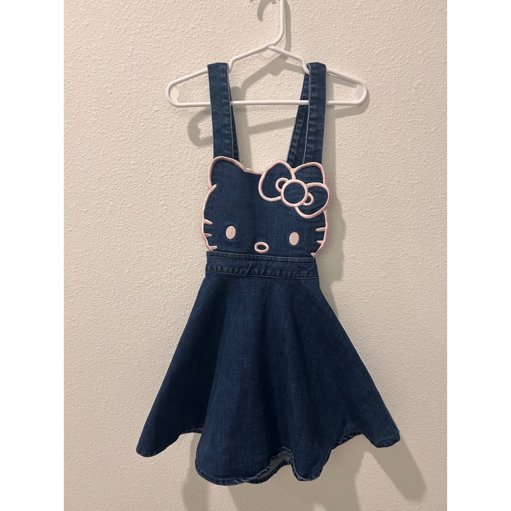 Hello Kitty Sanrio Kids Denim Overall Dress Skater Pinafore Blue Pink Embroidery